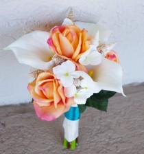 wedding photo - Wedding Natural Touch Beach Seashells Off White and Orange Roses and Callas Silk Flower Bride Bouquet - Almost Fresh