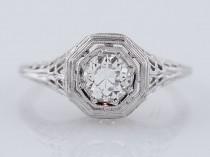 wedding photo - Filigree Engagement Ring Art Deco .47ct Old European Cut Diamond in 18k White Gold