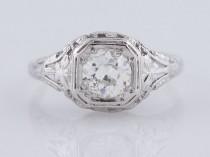 wedding photo - Antique Engagement Ring Art Deco .85ct Old European Cut Diamond in Platinum