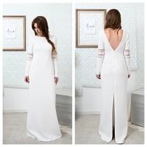 wedding photo - Orana Wedding Dress / Tribal Boho Column Wedding Dress with Long Sleeves Open Back and  Back slit, stretch quilted fabric// Simple Chic