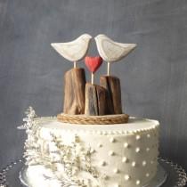 wedding photo - Rustic Beach Wedding Cake Topper,  Wood Love Birds Topper, Rustic Wedding Cake Topper, Beach Cake Topper with Driftwood