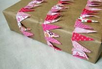wedding photo - Pink fabric mini bunting spool / ribbon for wrapping packages. Party garland. Birthday cake stand bunting