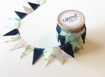 wedding photo - Beachy bunting in Navy, Tan, and Sea glass Mix. fabric Cake Mini Bunting. Wooden Spool of Ribbon for gift wrapping.
