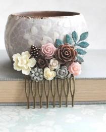 wedding photo - Woodland Hair Comb Nature Brown Floral Wedding Hair Piece Rustic Patina Branch Autumn Fall Pine cones Ivory Cream Roses Dusty Rose Pink