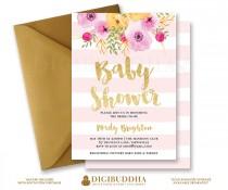 wedding photo - Pink Stripes Baby Shower Invitation Gold Glitter Painterly Watercolor Flowers Baby Girl Modern FREE PRIORITY SHIPPING or DiY Printable- Mady