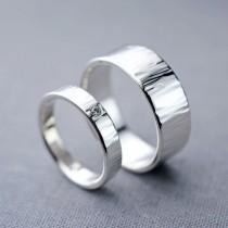wedding photo - Diamond Ripple Textured Silver Wedding Ring Set 