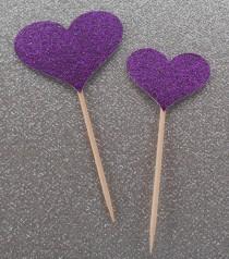 wedding photo - 12 Sparkling PURPLE HEART Cupcake Toppers Wedding Cake Decorations Food Picks Appetizers