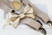 wedding photo - Light metallic gold bow-tie & tan elastic suspender set - Gold bow tie and tan suspenders - Faux Leather bow tie