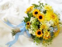 wedding photo - Sunflower wedding Bouquet -Silk bridal blossoms in Sunny Yellows, whites with touches of Blue, burlap and gingham ribbon details, So Sweet.