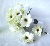 wedding photo - Anemone wedding bouquet boutonniere hair clip elegant black and white anemone green hydrangea 3 piece bridal bouquet