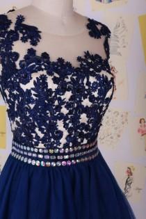 wedding photo -  Navy Blue Beading Lace Short Prom Dress, Lace Knee Length Homecoming Dress, Party Dress, Organza Prom Sweetheart Dress