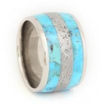 wedding photo - Titanium Wedding Band, Anniversary Ring or Custom Wedding Ring Striped Turquoise and Meteorite Ring