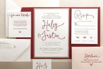 wedding photo - The Thistle Suite, Modern Letterpress Wedding Invitation Suite, Red, Marsala, Blush, Taupe, Gold, Liner, Calligraphy, Script, Simple, Pocket