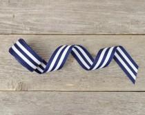 wedding photo - Nautical Ribbon / Navy Blue and White Striped Ribbon - 5/8 inch - 5 yards
