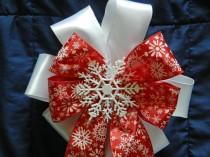 wedding photo - Winter Wedding/ pew bow/ Holiday DecorationRed and white snowflake bow set on white satin with snowflake center