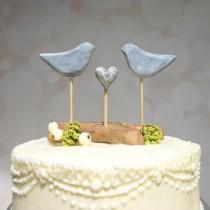wedding photo - Etsy Wedding Cake Topper, Grey Cake Topper, Love Bird Wedding Topper, Bird Cake Topper with Driftwood