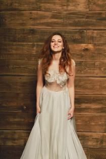 wedding photo - Blue grey non-corset A-Line wedding dress with sheer off-the-shoulder bodice decorated with lace appliques