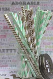 wedding photo - 100 Mint Green and Gold Straws in Stripes and Chevron Combo, 25 ea. design, Mint Green and Gold Wedding Straws - Printable DIY Flags