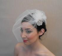 wedding photo - Tulle side birdcage veil with pouf and rhinestone applique flower on alligator clip - Ready to ship in 1 week