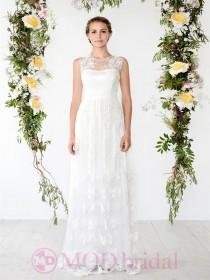 wedding photo - Illusion Neckline Sheath Lace Over Wedding Dress with Keyhole Back - Modbridal.com