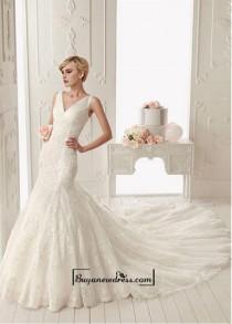 wedding photo -  Alluring Tulle with Dots & Satin & Organza Mermaid V-neck Neckline Tank Sleeves Floor-length Wedding Dress with Lace Appliques