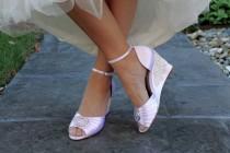 wedding photo - Wedding shoes wedge sandals peep toe high heels bridal shoes embellished with floral ivory Venice lace and large crystal brooch