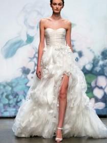 wedding photo -  Luxury Floral White Silk Chiffon Embroidered Strapless Fall Wedding Dress
