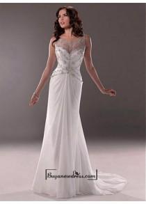 wedding photo -  Amazing Chiffon & Tulle & Satin Sheath Illusion Bateau Neck Natural Waistline Wedding Dress
