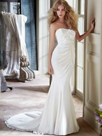 wedding photo -  Floor Length Slim Lace Wedding Dress with Draped Overlay and Flower Accented Bodice