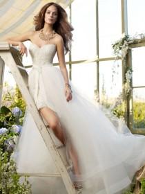 wedding photo -  Lace Short Wedding Dress Tulle Overskirt with Horsehair Accented Hem and Chapel Train