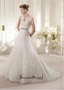 wedding photo -  Alluring Satin&Tulle A-line Illusion High Neckline Natural Waistline Wedding Dress