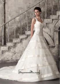 wedding photo -  Amazing Sain & Organza A Line Straps Chapel Train Beaded Lace Appliques Wedding Dress