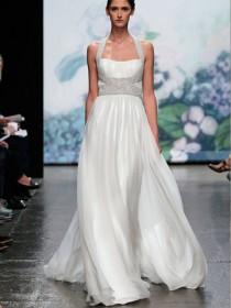 wedding photo -  Elegant White Chiffon Halter Neck Natural Waist Wedding Dress with Crystal Straps