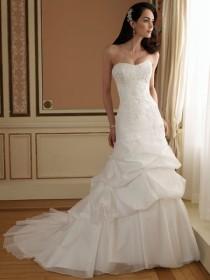 wedding photo -  Curved Neck A-line Wedding Dress with Lace Bodice and Chapel Train Pick-up Skirt