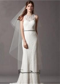 wedding photo -  Alluring Satin&Lace Sheath Illusion High Neckline Natural Waistline Wedding Dress