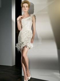 wedding photo -  One Shoulder Taffeta Lace Flower Wedding Dress with Pleated Bodice and Mini Gown