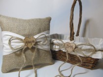 wedding photo -  Flower Girl Basket and Ring Bearer Pillow - Ivory Muslin - Personalized For Your Country Rustic Wedding Day
