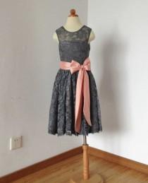 wedding photo - Scoop Ankle-length Charcoal Grey Lace Flower Girl Dress with Light Watermelon Sash