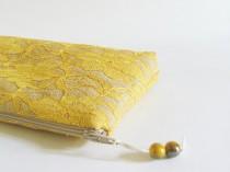 wedding photo - Yellow Lace Wedding Clutch Handbag, Gift Bag for Bridesmaid, Bright Lace Purse for Cosmetics