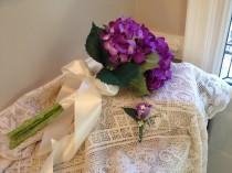 wedding photo - HYDRANGEA BRIDAL BOUQUET, Arm Bridal Bouquet,  Beautiful Purple Hydrangeas,Wedding Bouquet And Boutonniere, Two Piece Wedding,