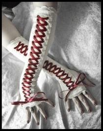 wedding photo - Scarlet Maiden Victorian Corset Laced Up Arm Warmers - Pale Ivory - Lace - Burgundy Ribbon - Vampire Gothic Belly Dance Burlesque Emo Bridal
