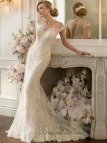wedding photo -  Lace Over Sheer Short Sleeves Illusion Keyhole Back Wedding Dresses