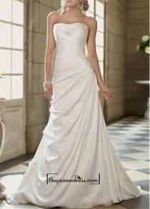 wedding photo - Amazing Charmeuse A-line Strapless Asymmetrical Waist Draping Wedding Gown With Beaded Lace Appliques
