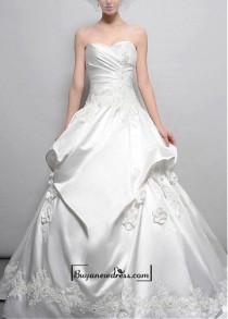 wedding photo -  Amazing Satin Ball Gown Strapless Sweetheart Neckline Natural Waist Beaded Appliques Wedding Dress With Handmade Flowers