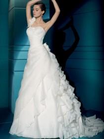 wedding photo -  Satin Stunning One Shoulder Flowers Wedding Dress with Multi-tiered Skirt