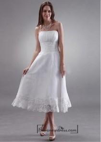 wedding photo -  Beautiful Organza & Lace A-line Strapless Empire Waist Tea Length Wedding Dress