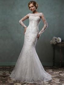 wedding photo -  Sheer Lace Sleeves Bateau Neckline Fit and Flare Trumpet Mermaid Wedding Dress