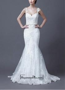 wedding photo -  Amazing Tulle & Satin Mermaid Spaghetti Straps Natural Waist Beaded Lace Appliques Wedding Dress