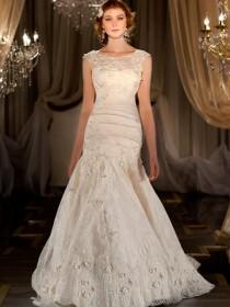wedding photo -  Fit Flare Sweetheart Appliques Pleated Wedding Dress with Illusion Bateau Embroidered Lace Jacket