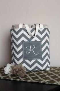 wedding photo - Monogram Chevron Tote Bag in Duck Cloth Canvas - Personalized - Fully Lined - Bridesmaid, Baby/Bridal Shower, Wedding, Beach, Gift Bag